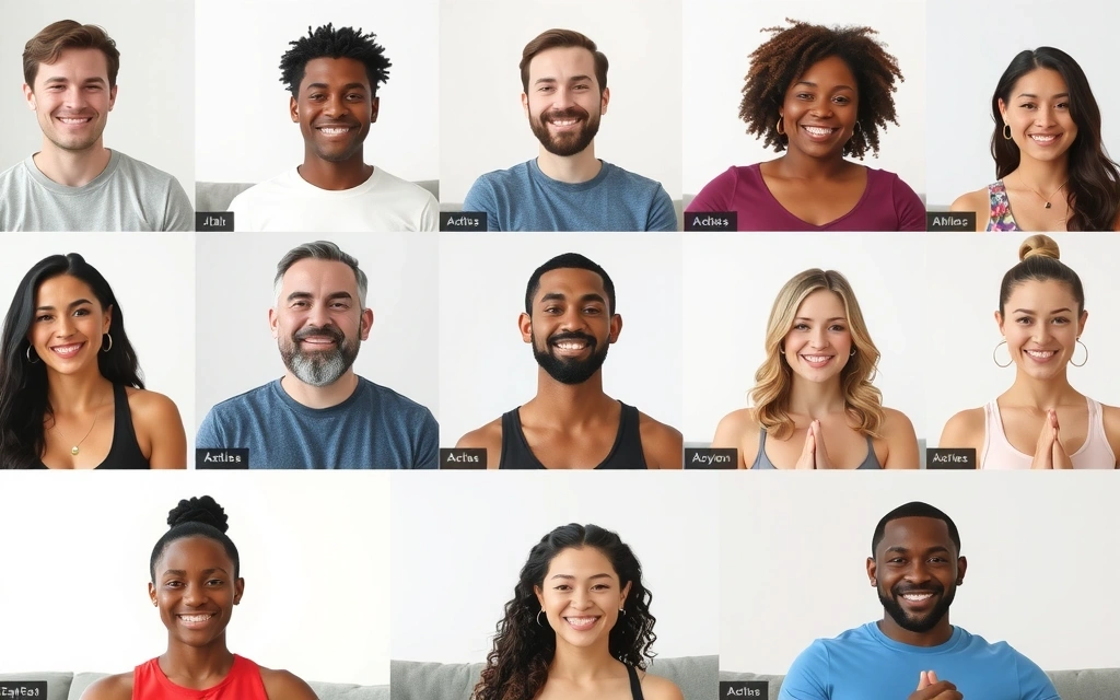 A diverse group of cheerful people connecting online for a yoga session, illustrating community and belonging.