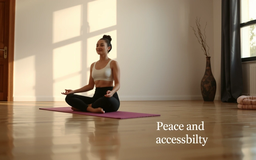 A serene woman meditating in a tranquil yoga studio with soft lighting, representing peace and accessibility.