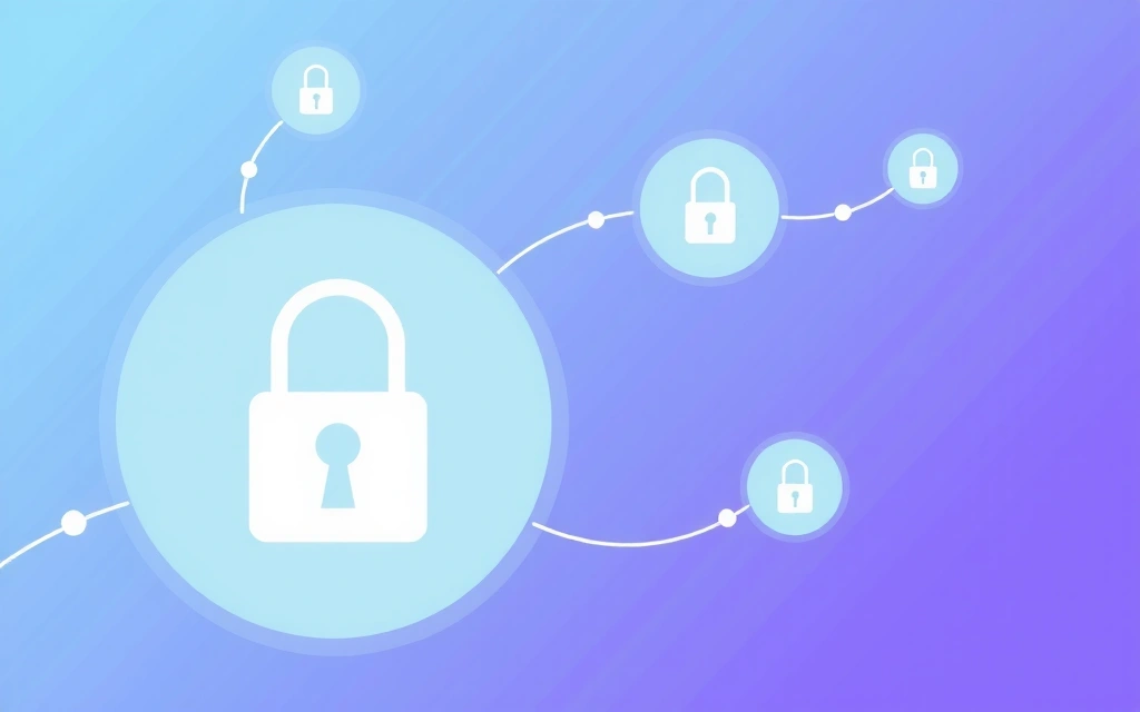 A stylized illustration of secure data flowing through abstract digital pathways, with a padlock icon prominently featured, representing data protection and secure transactions.