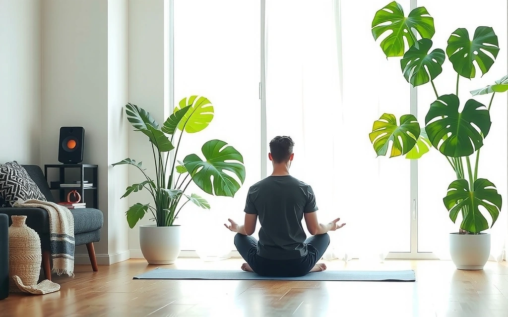 A person meditating in a serene, minimalist yoga studio, with soft natural light and lush green plants in the background, symbolizing peace and data privacy.