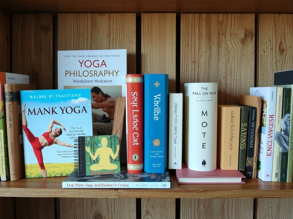 A collection of diverse books and journals related to yoga, mindfulness, and healthy living, neatly arranged on a wooden shelf