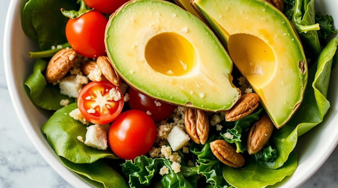 A vibrant, fresh salad bowl with various healthy ingredients