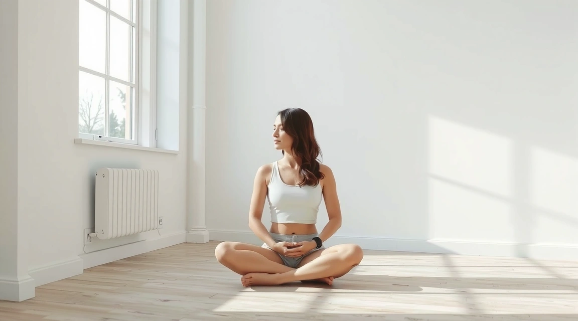 Person meditating in a calm, minimalist room with soft lighting