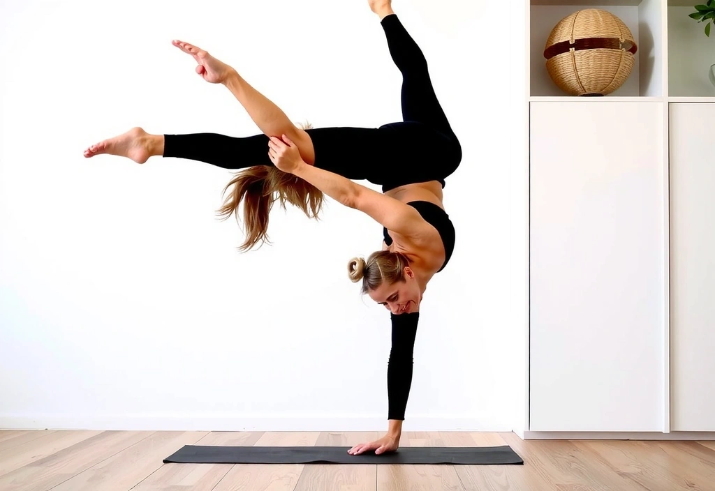 A woman triumphantly holding a yoga pose